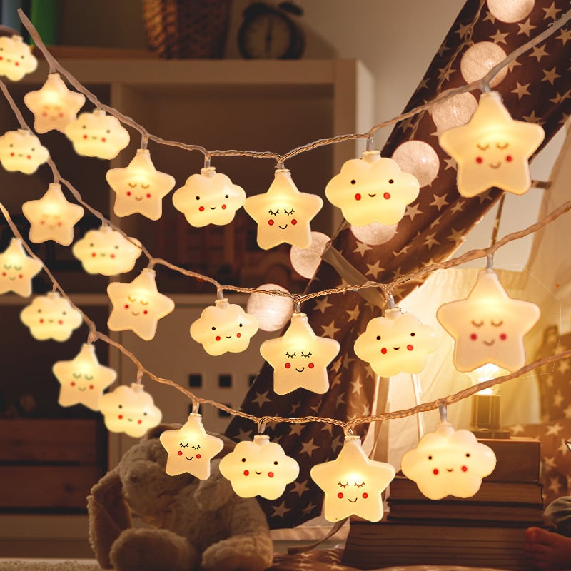 Șir de lumini LED decorative cu forme stelute, curcubeu și nor — 3.8W, alimentare DC, pentru interior și exterior, control prin buton sau telecomandă