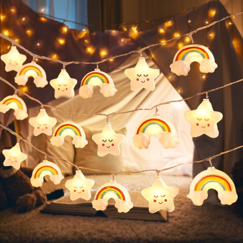 Șir de lumini LED decorative cu forme stelute, curcubeu și nor — 3.8W, alimentare DC, pentru interior și exterior, control prin buton sau telecomandă
