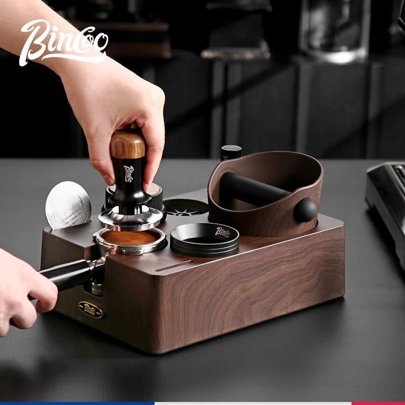 Σετ βάσης ταμπερ εσπρέσο με φινίρισμα ξύλου – 3 τεμάχια, ABS πολυλειτουργικός διανομέας σκόνης και κουτί χτυπήματος