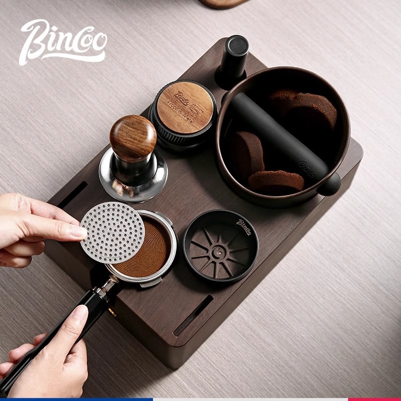 Σετ βάσης ταμπερ εσπρέσο με φινίρισμα ξύλου – 3 τεμάχια, ABS πολυλειτουργικός διανομέας σκόνης και κουτί χτυπήματος