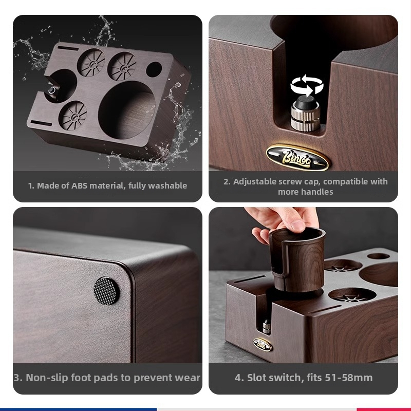 Σετ βάσης ταμπερ εσπρέσο με φινίρισμα ξύλου – 3 τεμάχια, ABS πολυλειτουργικός διανομέας σκόνης και κουτί χτυπήματος