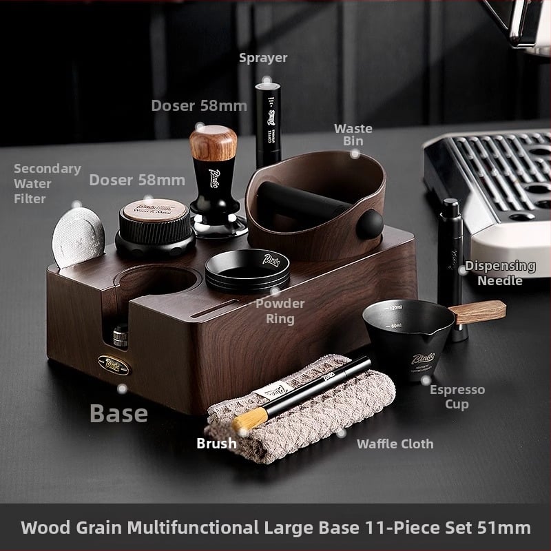 Σετ βάσης ταμπερ εσπρέσο με φινίρισμα ξύλου – 3 τεμάχια, ABS πολυλειτουργικός διανομέας σκόνης και κουτί χτυπήματος