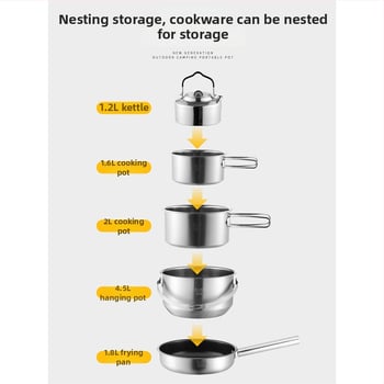 Комплект съдове за къмпинг – 304 неръждаема стомана, чайник, тенджера и вок за 3-5 човека