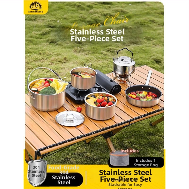 Комплект съдове за къмпинг – 304 неръждаема стомана, чайник, тенджера и вок за 3-5 човека