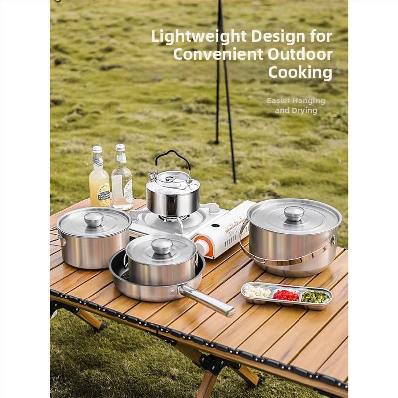 Комплект съдове за къмпинг – 304 неръждаема стомана, чайник, тенджера и вок за 3-5 човека