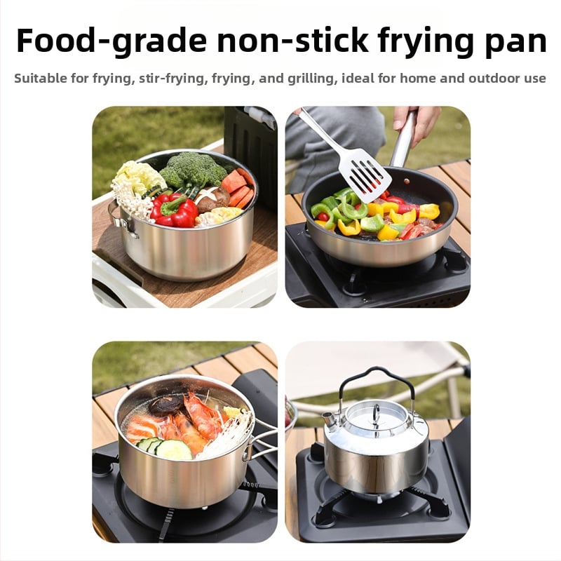 Комплект съдове за къмпинг – 304 неръждаема стомана, чайник, тенджера и вок за 3-5 човека