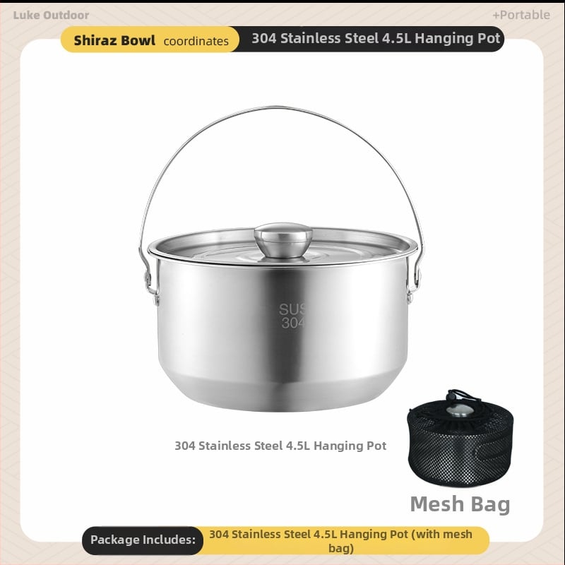 Комплект съдове за къмпинг – 304 неръждаема стомана, чайник, тенджера и вок за 3-5 човека
