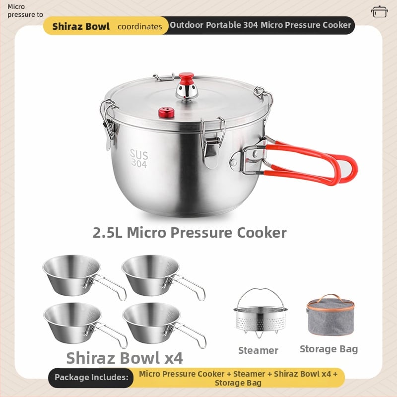 Комплект съдове за къмпинг – 304 неръждаема стомана, чайник, тенджера и вок за 3-5 човека