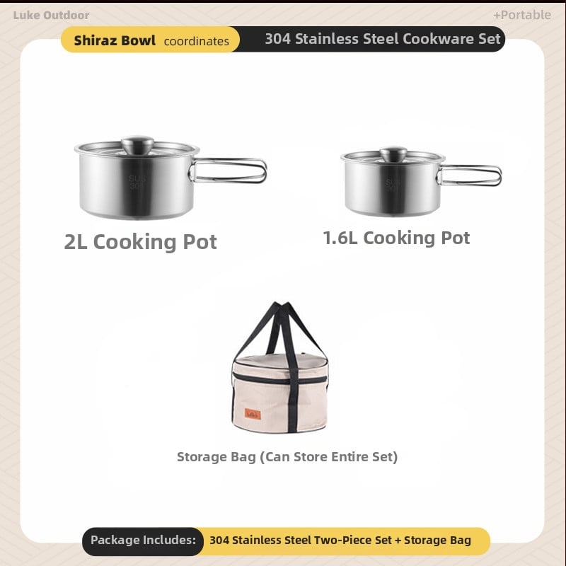 Комплект съдове за къмпинг – 304 неръждаема стомана, чайник, тенджера и вок за 3-5 човека