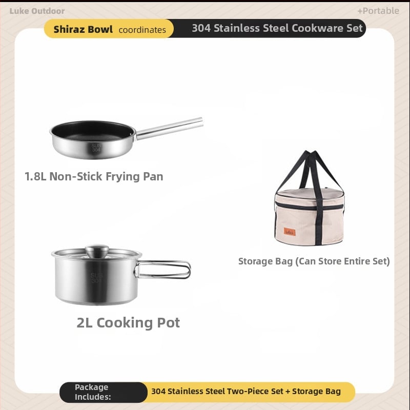 Комплект съдове за къмпинг – 304 неръждаема стомана, чайник, тенджера и вок за 3-5 човека