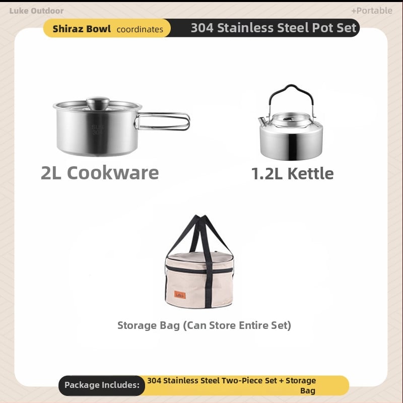 Комплект съдове за къмпинг – 304 неръждаема стомана, чайник, тенджера и вок за 3-5 човека