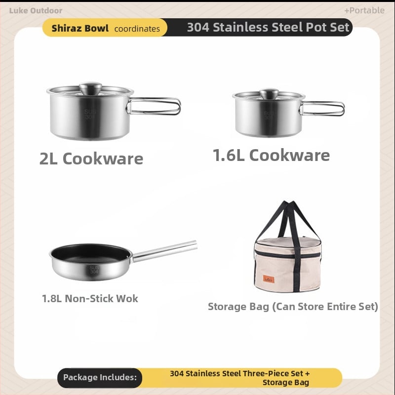 Комплект съдове за къмпинг – 304 неръждаема стомана, чайник, тенджера и вок за 3-5 човека
