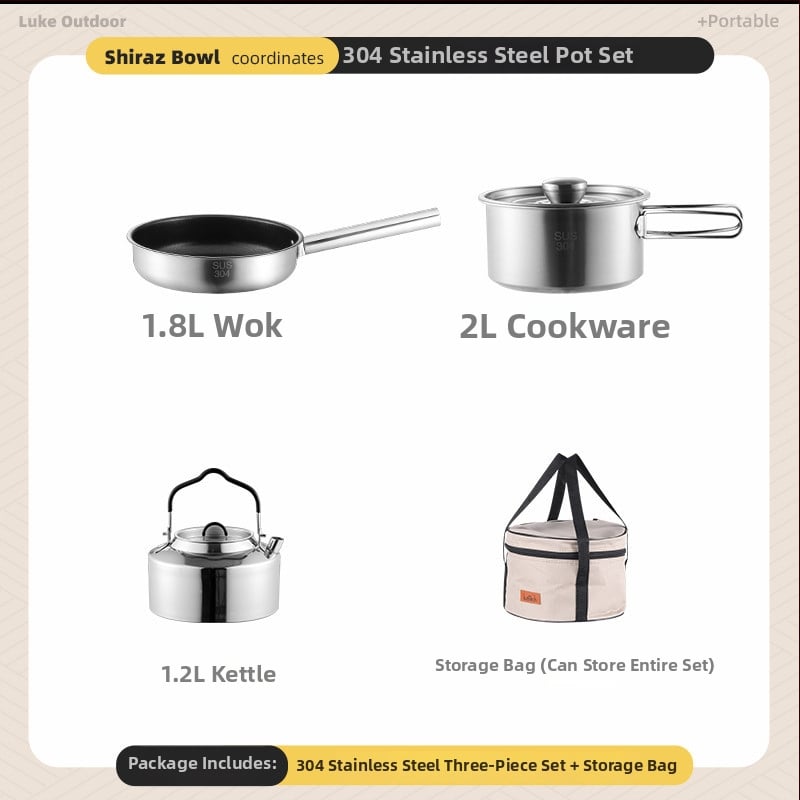 Комплект съдове за къмпинг – 304 неръждаема стомана, чайник, тенджера и вок за 3-5 човека