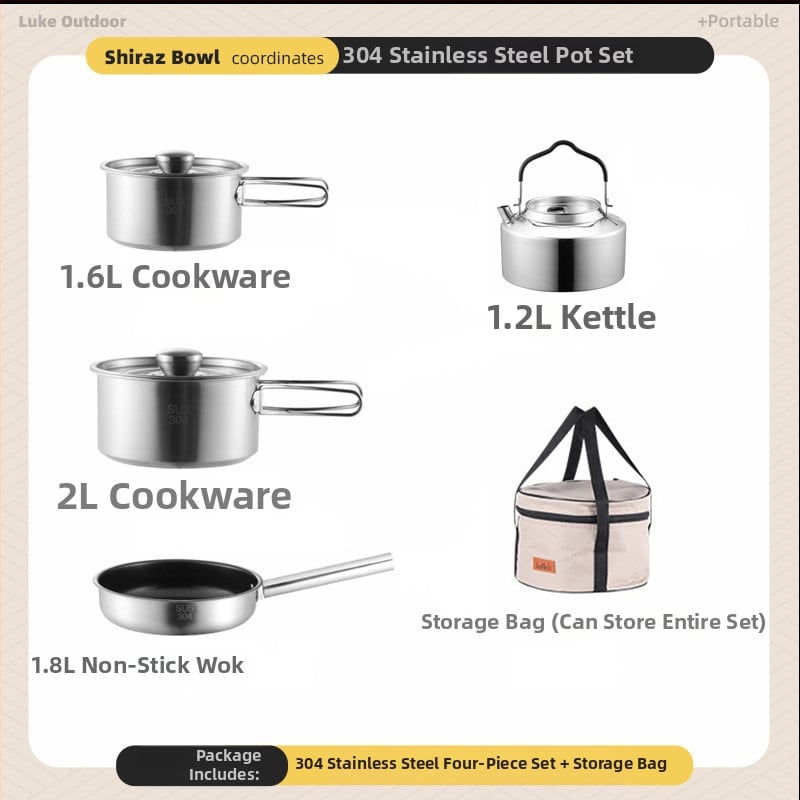Комплект съдове за къмпинг – 304 неръждаема стомана, чайник, тенджера и вок за 3-5 човека