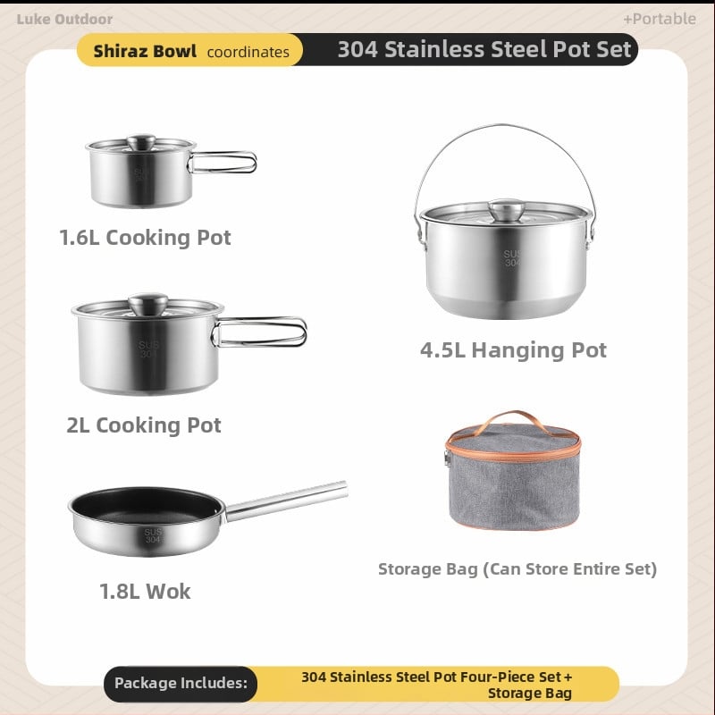 Комплект съдове за къмпинг – 304 неръждаема стомана, чайник, тенджера и вок за 3-5 човека