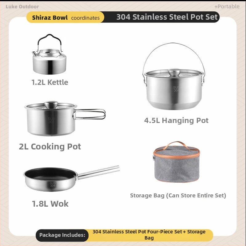 Комплект съдове за къмпинг – 304 неръждаема стомана, чайник, тенджера и вок за 3-5 човека