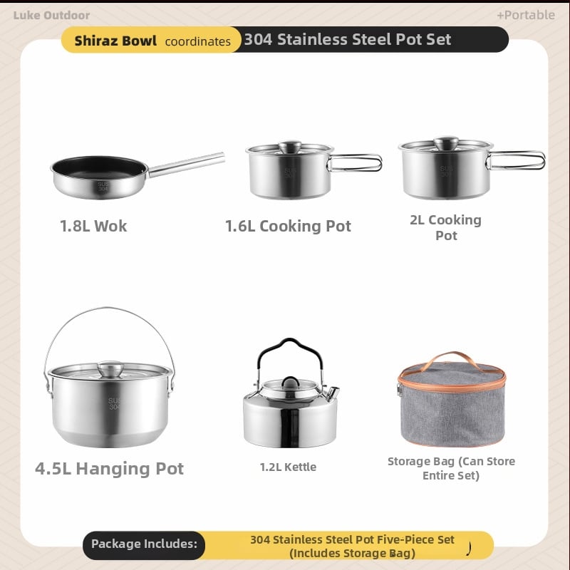 Комплект съдове за къмпинг – 304 неръждаема стомана, чайник, тенджера и вок за 3-5 човека