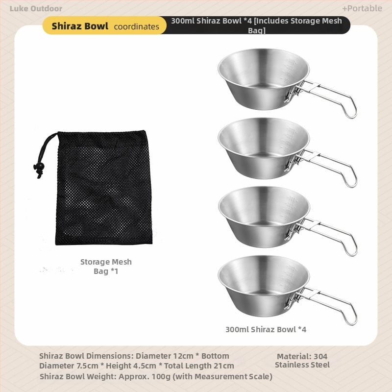 Комплект съдове за къмпинг – 304 неръждаема стомана, чайник, тенджера и вок за 3-5 човека