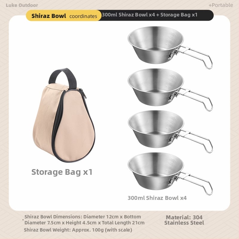 Комплект съдове за къмпинг – 304 неръждаема стомана, чайник, тенджера и вок за 3-5 човека
