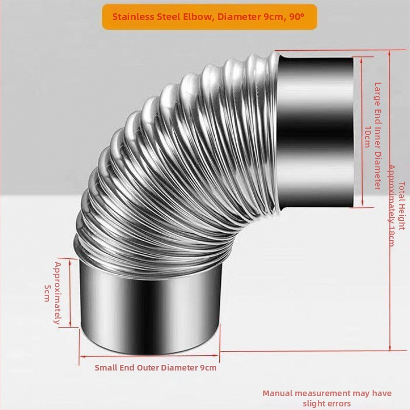 Nerezový uhlový spoj pre výfuk z dreveného sporáka a digestora, 90°/45°