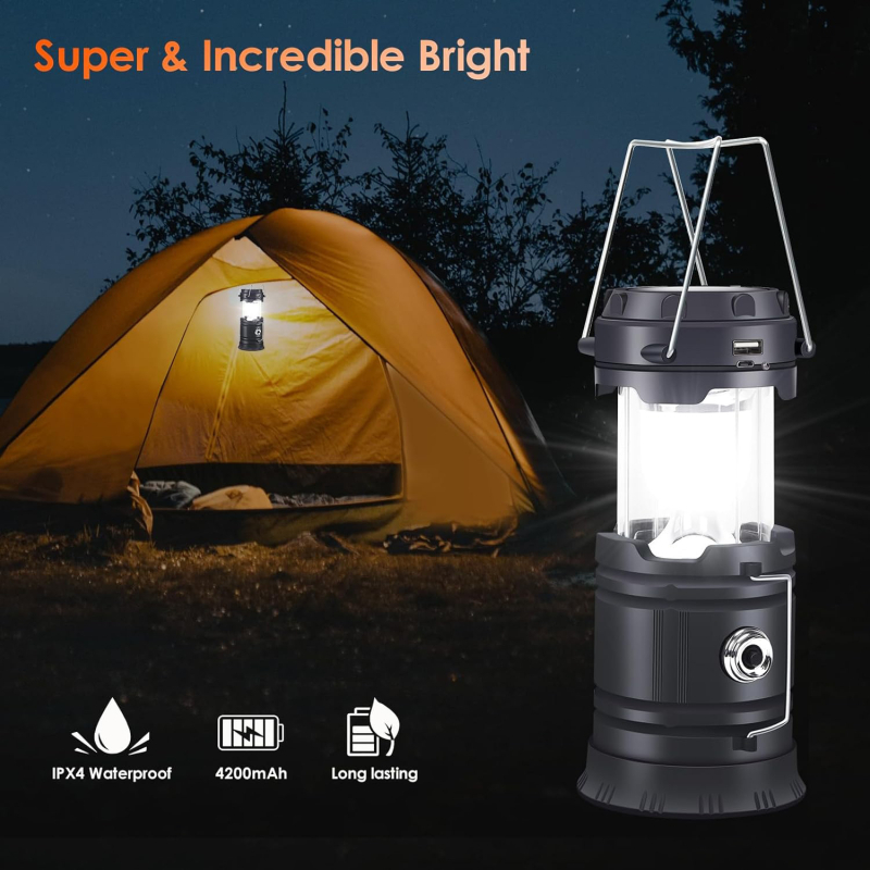 Lanternă LED pentru camping XINSITE/Xinster, 5W, 3.7V, încărcare solară și USB