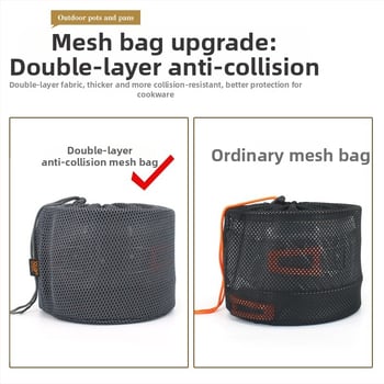 Къмпинг комплект съдове от алуминиева сплав — ултралек и преносим, с двойна употреба; за 5+ души; включва два съда за кипене, тиган за пържене, висящ съд и чайник.