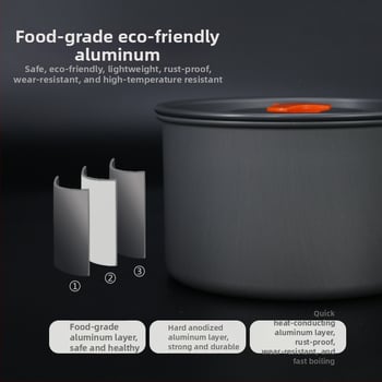 Къмпинг комплект съдове от алуминиева сплав — ултралек и преносим, с двойна употреба; за 5+ души; включва два съда за кипене, тиган за пържене, висящ съд и чайник.