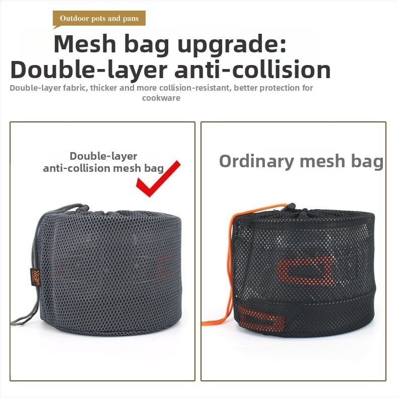 Къмпинг комплект съдове от алуминиева сплав — ултралек и преносим, с двойна употреба; за 5+ души; включва два съда за кипене, тиган за пържене, висящ съд и чайник.