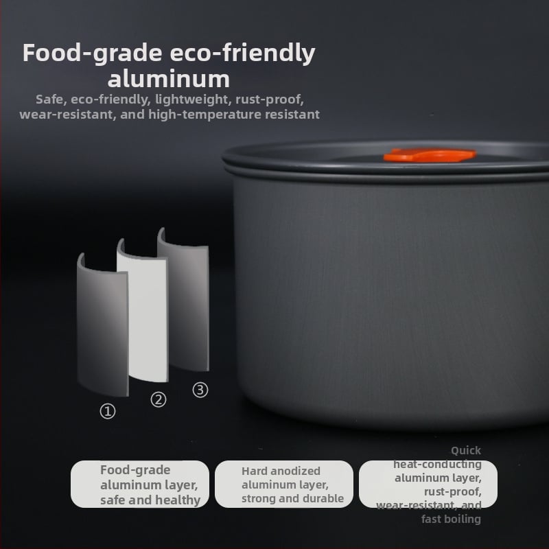 Къмпинг комплект съдове от алуминиева сплав — ултралек и преносим, с двойна употреба; за 5+ души; включва два съда за кипене, тиган за пържене, висящ съд и чайник.