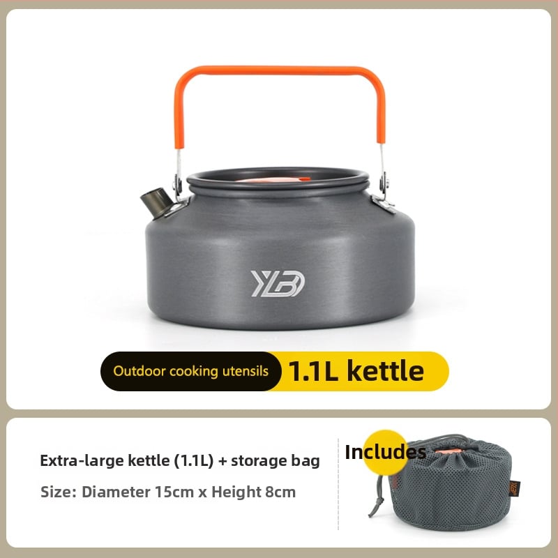 Къмпинг комплект съдове от алуминиева сплав — ултралек и преносим, с двойна употреба; за 5+ души; включва два съда за кипене, тиган за пържене, висящ съд и чайник.