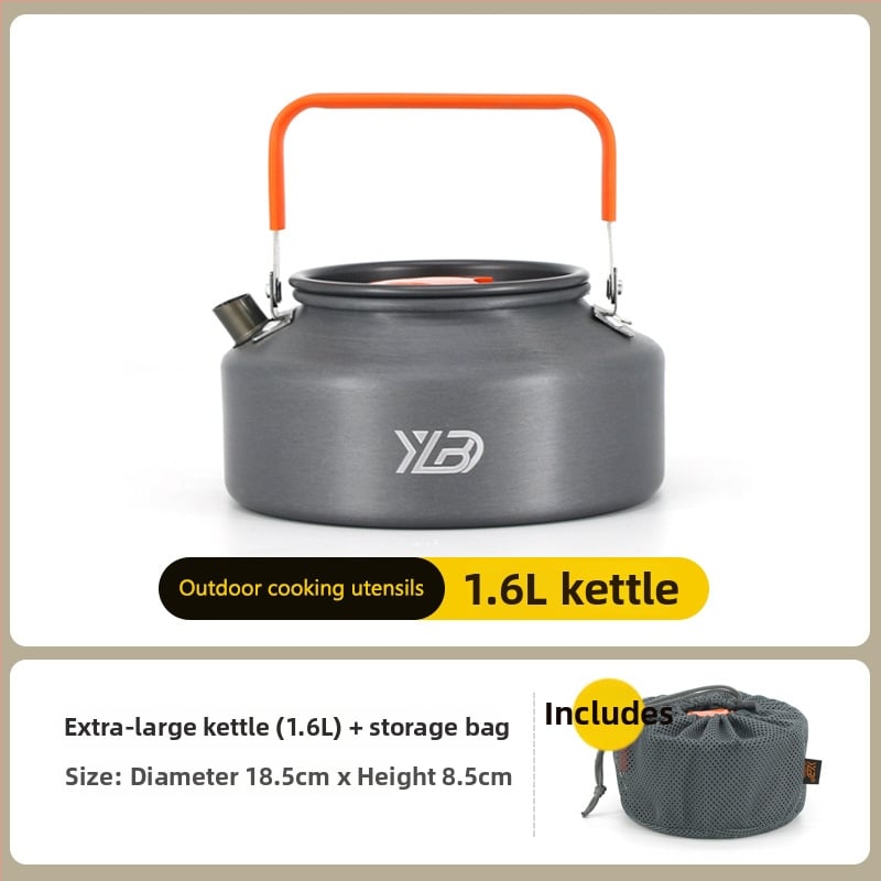 Къмпинг комплект съдове от алуминиева сплав — ултралек и преносим, с двойна употреба; за 5+ души; включва два съда за кипене, тиган за пържене, висящ съд и чайник.