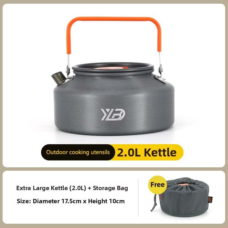 Къмпинг комплект съдове от алуминиева сплав — ултралек и преносим, с двойна употреба; за 5+ души; включва два съда за кипене, тиган за пържене, висящ съд и чайник.