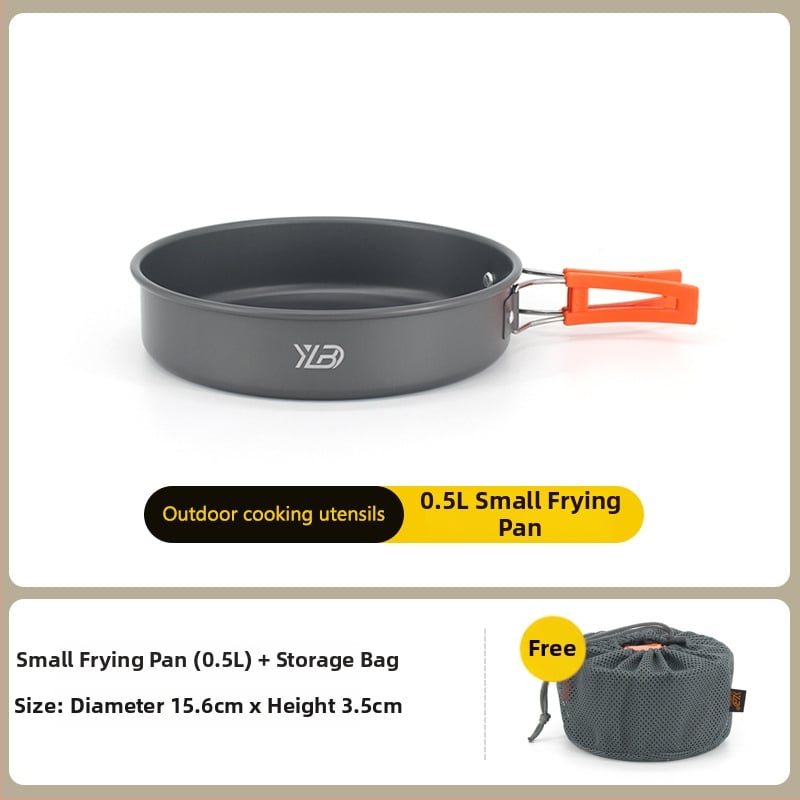 Къмпинг комплект съдове от алуминиева сплав — ултралек и преносим, с двойна употреба; за 5+ души; включва два съда за кипене, тиган за пържене, висящ съд и чайник.