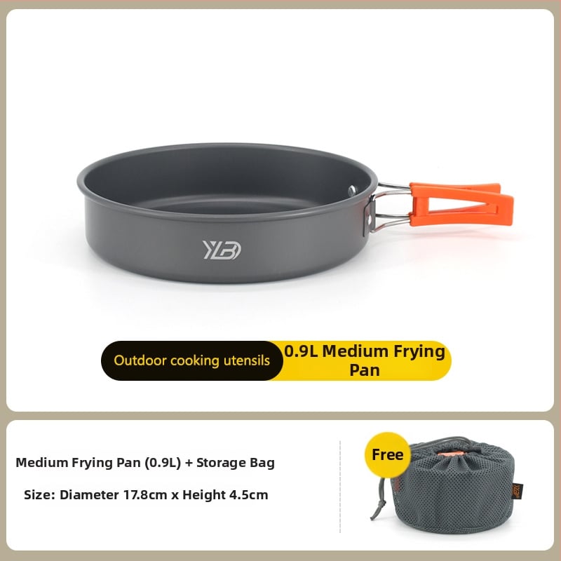 Къмпинг комплект съдове от алуминиева сплав — ултралек и преносим, с двойна употреба; за 5+ души; включва два съда за кипене, тиган за пържене, висящ съд и чайник.