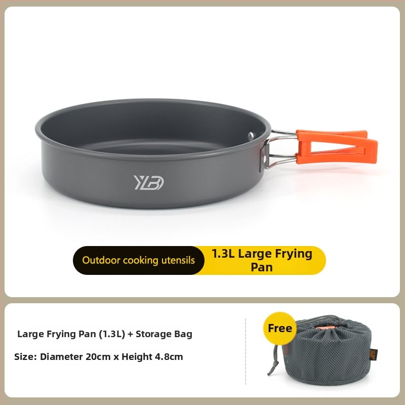 Къмпинг комплект съдове от алуминиева сплав — ултралек и преносим, с двойна употреба; за 5+ души; включва два съда за кипене, тиган за пържене, висящ съд и чайник.