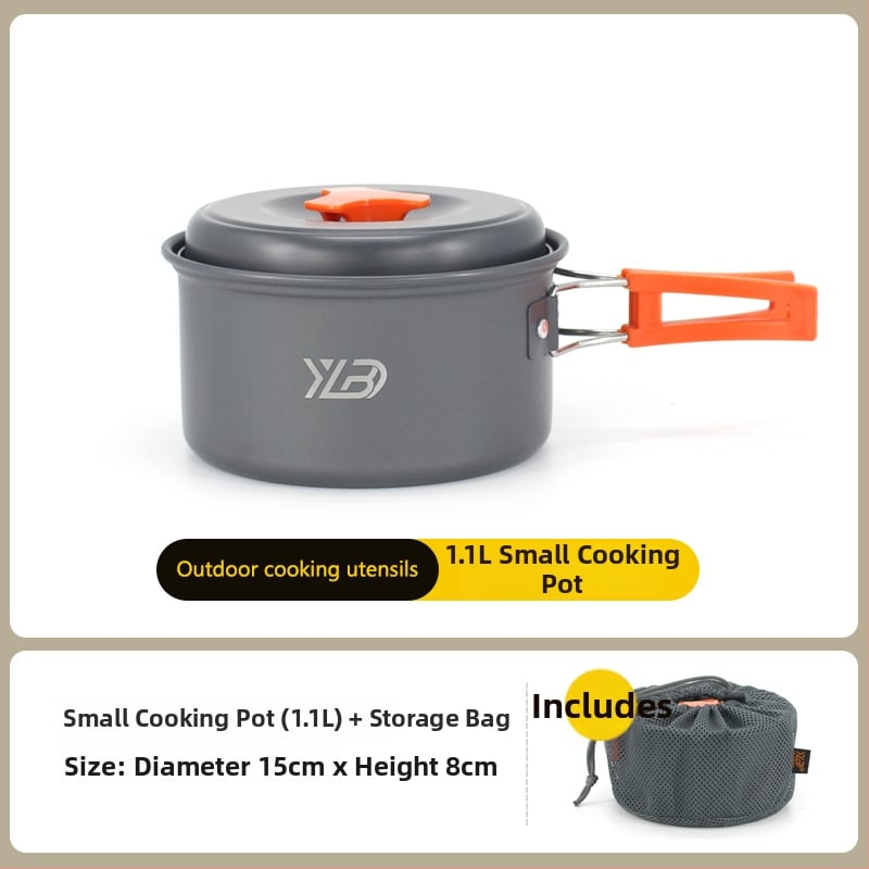 Къмпинг комплект съдове от алуминиева сплав — ултралек и преносим, с двойна употреба; за 5+ души; включва два съда за кипене, тиган за пържене, висящ съд и чайник.