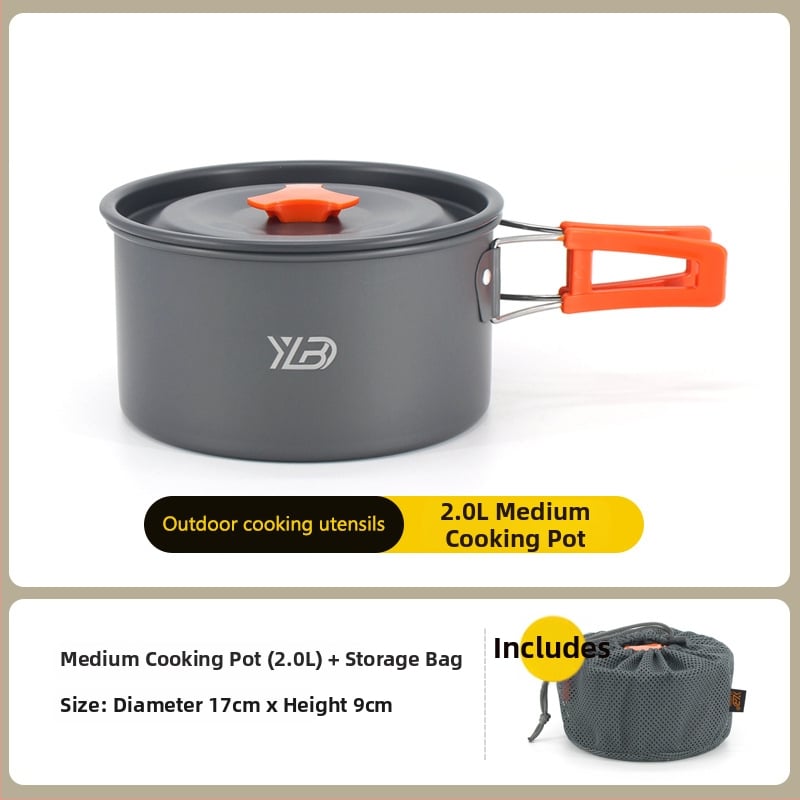 Къмпинг комплект съдове от алуминиева сплав — ултралек и преносим, с двойна употреба; за 5+ души; включва два съда за кипене, тиган за пържене, висящ съд и чайник.