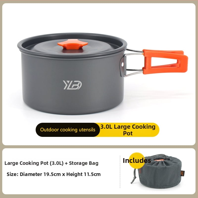 Къмпинг комплект съдове от алуминиева сплав — ултралек и преносим, с двойна употреба; за 5+ души; включва два съда за кипене, тиган за пържене, висящ съд и чайник.