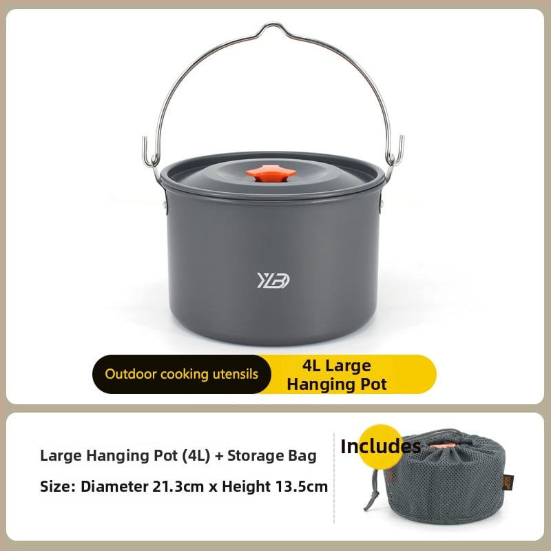 Къмпинг комплект съдове от алуминиева сплав — ултралек и преносим, с двойна употреба; за 5+ души; включва два съда за кипене, тиган за пържене, висящ съд и чайник.