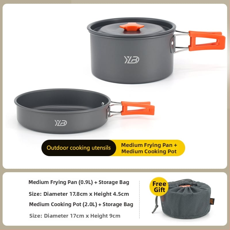 Къмпинг комплект съдове от алуминиева сплав — ултралек и преносим, с двойна употреба; за 5+ души; включва два съда за кипене, тиган за пържене, висящ съд и чайник.