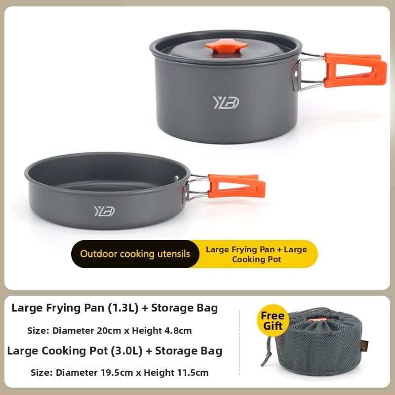 Къмпинг комплект съдове от алуминиева сплав — ултралек и преносим, с двойна употреба; за 5+ души; включва два съда за кипене, тиган за пържене, висящ съд и чайник.