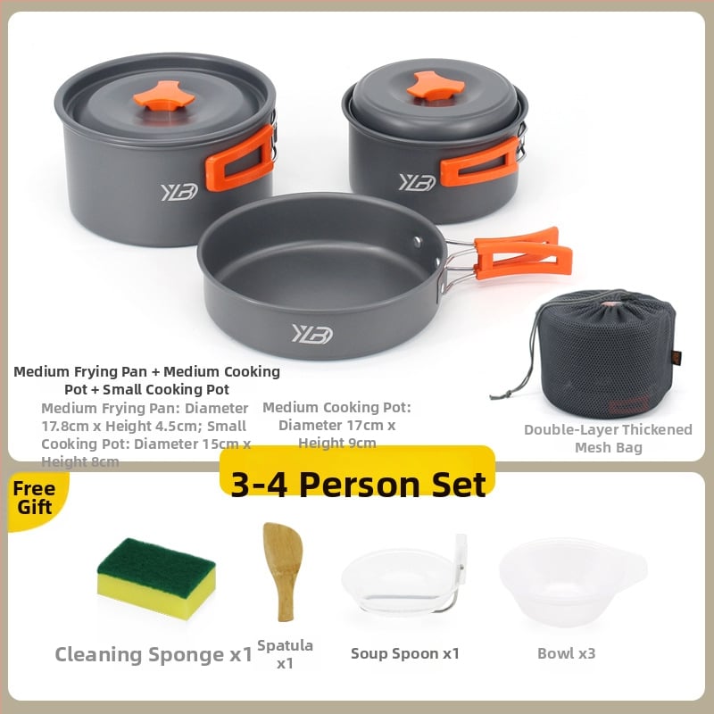 Къмпинг комплект съдове от алуминиева сплав — ултралек и преносим, с двойна употреба; за 5+ души; включва два съда за кипене, тиган за пържене, висящ съд и чайник.
