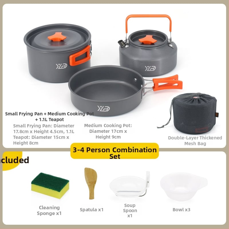 Къмпинг комплект съдове от алуминиева сплав — ултралек и преносим, с двойна употреба; за 5+ души; включва два съда за кипене, тиган за пържене, висящ съд и чайник.