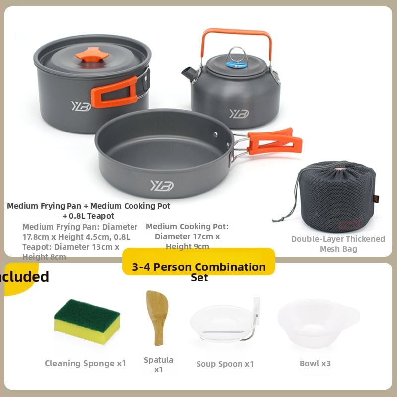 Къмпинг комплект съдове от алуминиева сплав — ултралек и преносим, с двойна употреба; за 5+ души; включва два съда за кипене, тиган за пържене, висящ съд и чайник.