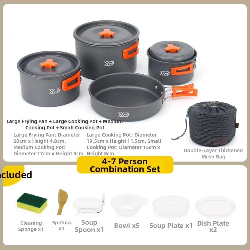 Къмпинг комплект съдове от алуминиева сплав — ултралек и преносим, с двойна употреба; за 5+ души; включва два съда за кипене, тиган за пържене, висящ съд и чайник.