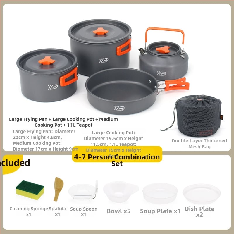 Къмпинг комплект съдове от алуминиева сплав — ултралек и преносим, с двойна употреба; за 5+ души; включва два съда за кипене, тиган за пържене, висящ съд и чайник.