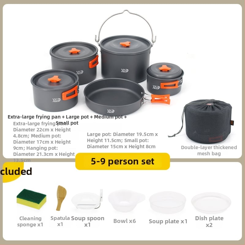 Къмпинг комплект съдове от алуминиева сплав — ултралек и преносим, с двойна употреба; за 5+ души; включва два съда за кипене, тиган за пържене, висящ съд и чайник.