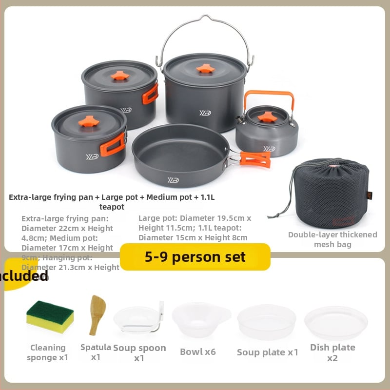 Къмпинг комплект съдове от алуминиева сплав — ултралек и преносим, с двойна употреба; за 5+ души; включва два съда за кипене, тиган за пържене, висящ съд и чайник.