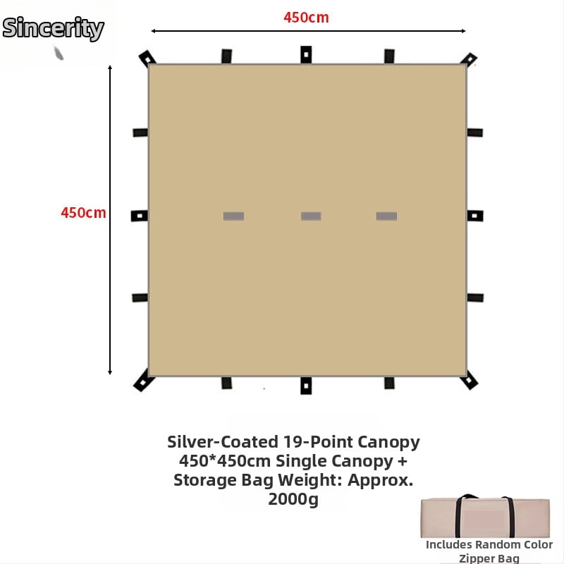 19-pontos piramisszerű kemping árnyékoló sátor (Xin ao, kód 0516, anyag: pamut, vízállóság: 3000–6000 mm, forma: négyzetes)