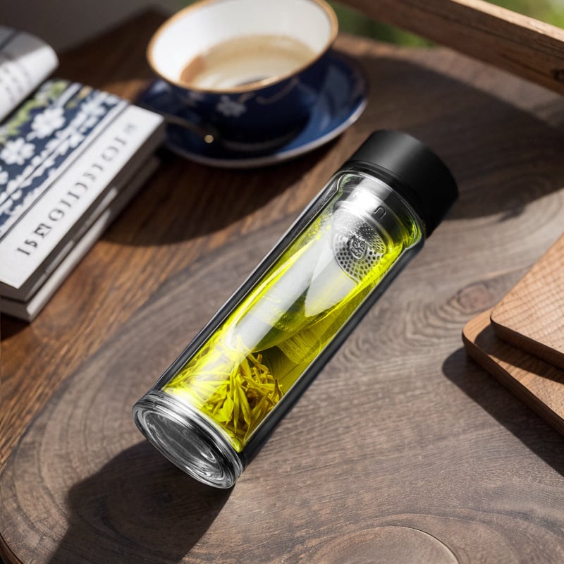 Κούπα τσαγιού με διπλό τοίχωμα από πυριτικό γυαλί, μονωμένη και ανθεκτική σε υψηλές θερμοκρασίες, περιλαμβάνει φίλτρο, μοντέρνος μινιμαλιστικός σχεδιασμός